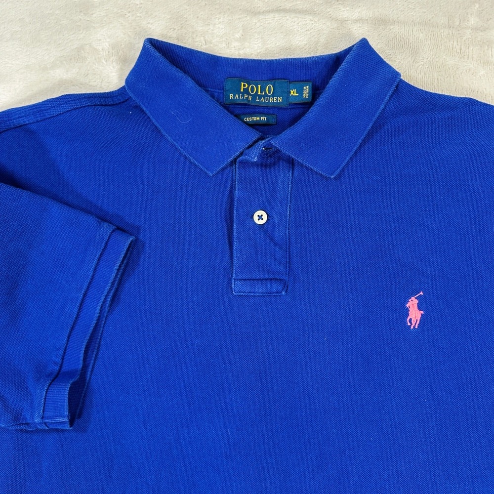 Polo Ralph Lauren Shirt Mens XL Blue Short Sleeve Pique Polo Pink Pony